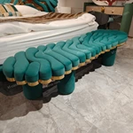 Green Wave-Shaped Velvet Bed Bench with Gold Stainless Steel Trim